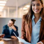 smiling businesswoman in conference room with colleagues seated at table in background